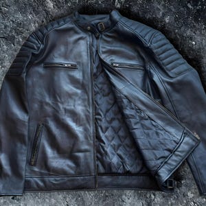 Handmade Sheepskin Leather Biker Jacket: Men&#39;s Moto Style