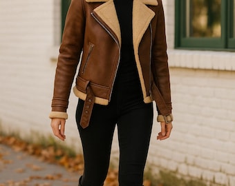 Women's Genuine Sheepskin Leather Aviator Jacket, Brown Shearling Bomber Jacket