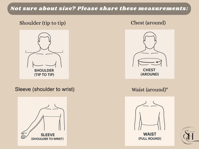 May include: Diagram illustrating how to measure for clothing. The image includes illustrations for shoulder width, chest circumference, sleeve length, and waist circumference. Text at the top reads, "Not sure about size? Please share these measurements:"