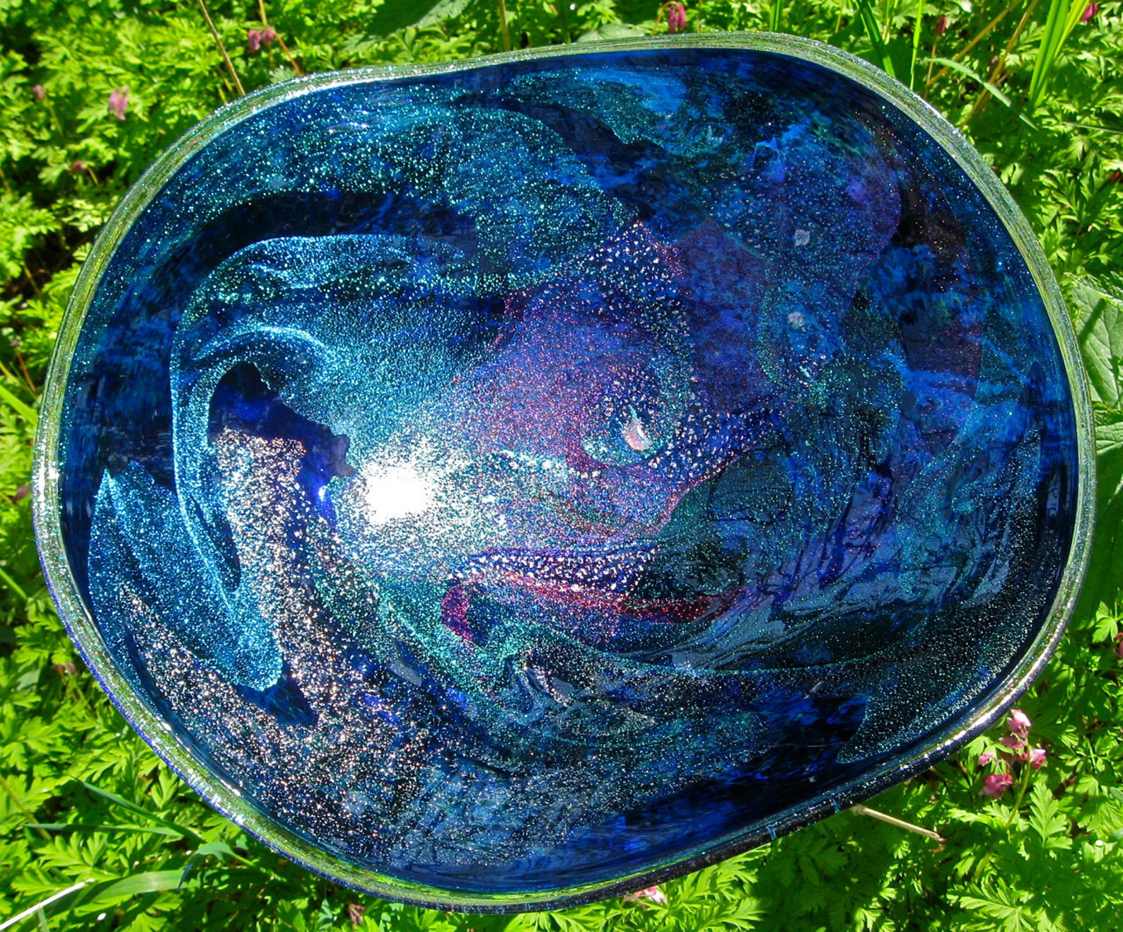 Blown Glass Bird Bath Bird Feeder Etsy