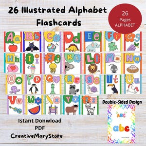 26 tarjetas ilustradas del alfabeto | Set imprimible para aprender el abecedario | Juego de reconocimiento de letras para preescolar | Abecedario de inglés para la educación en casa