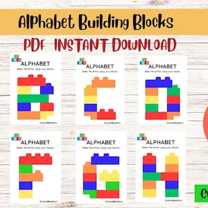 Alphabet-Bausteine | Alphabet zum Bauen mit Lego-/Duplo-Steinen | Druckbare Buchstabenkarten | Montessori-Vorschulaktivitäten (PDF)
