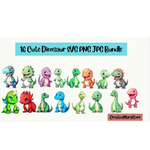 16 Cute Dinosaur SVG PNG JPG PDFBundle | Adorable Dino Clipart for T-Shirts | Kids Birthday Party Decor | Digital Download Commercial Use