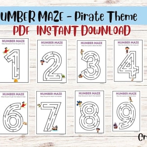 Number Maze Worksheets 0-9 | Pirate Theme Number Mazes Printable PDF | Kids Counting & Tracing Game | Preschool Math Activity