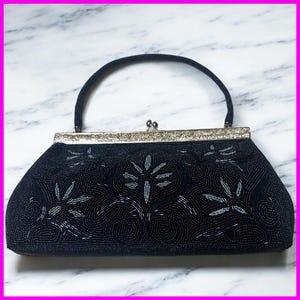 Vintage Japanese Navy Blue Beaded Clutch Purse | Floral Design Evening Bag | 1950s Retro Handbag | Formal Party Bag | Gift from Japan
