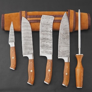Damascus Steel Knife Set – Handmade Chef Kitchen Knives with Wooden Handle – Professional Cooking Gift for Him & Home Chefs