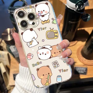 Funda para teléfono con diseño de oso Bubu y Dudu, linda carcasa de panda, funda para iPhone con dibujos animados, modelo completo para iPhone 16, 15, 14, 13, 12, 11 Pro Max, 8 Plus y X