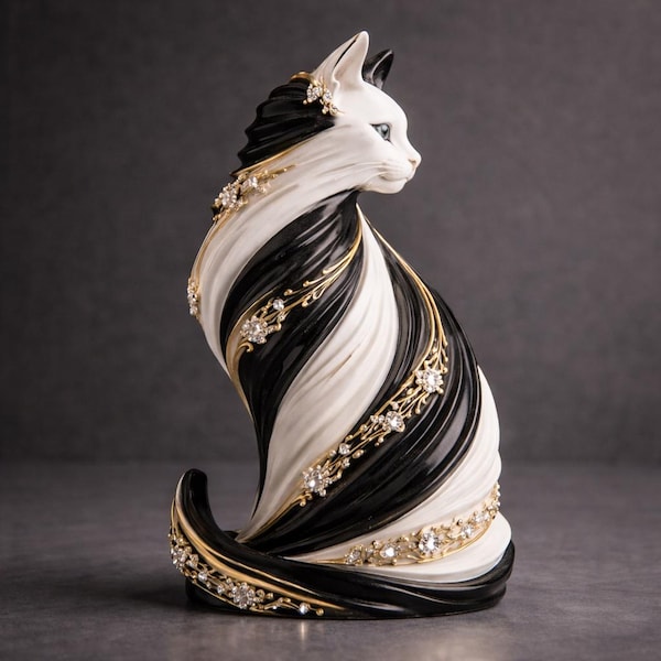 Lyxig kattskulptur STL-fil | Elegant svartvit kattfigur 3D-utskrift | Gulddetaljerad djurdekor STL utskrivbar staty digital nedladdning