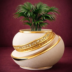 Peut inclure: Un pot décoratif blanc et doré avec une petite plante verte. Le pot a une forme ronde avec une bordure dorée et une bande décorative d'or et de pierres claires. La plante a de longues feuilles vertes fines.