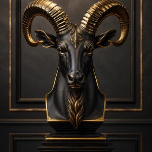 Könnte beinhalten: Eine schwarze Widder-Büsten-Skulptur mit markanten, geschwungenen goldenen Hörnern und einem detaillierten goldenen Bart. Der Widder ist auf einem quadratischen schwarzen Sockel mit goldenen Zierleisten montiert. Die Oberfläche hat ein mattes Finish.