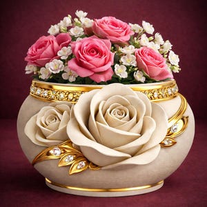Peut inclure: Un vase décoratif avec un arrangement floral. Le vase est beige avec des accents dorés et présente trois grandes appliques de roses blanches. Le dessus du vase est orné de roses roses et de petites fleurs blanches.