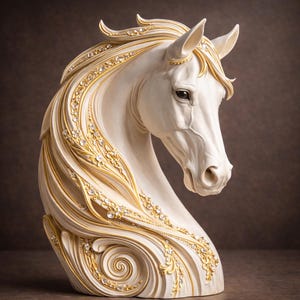 Könnte beinhalten: Eine weiße Pferdebüste mit goldenen Akzenten und eingebetteten Kristallen. Mähne und dekorative Elemente des Pferdes sind mit goldenem Filigran und funkelnden Kristallen verziert. Die Skulptur hat eine glatte, polierte Oberfläche und steht vor einem braunen Hintergrund.