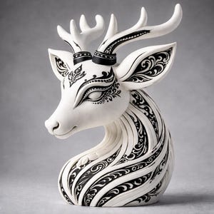 May include: A white deer sculpture with intricate black ornamental designs. The deer has large antlers, detailed facial features, and a curved neck. The black patterns adorn the antlers, ears, and neck, creating a striking contrast against the white base. This decorative piece is ideal for home decor.