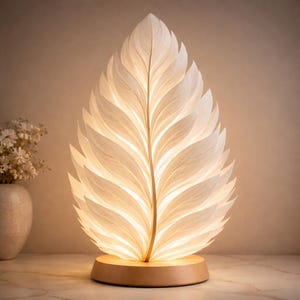 Può includere: Lampada decorativa a forma di foglia con una calda illuminazione. La lampada presenta strutture bianche a strati a forma di foglia, creando un aspetto strutturato. Poggia su una base rotonda in legno. Ideale per l'illuminazione d'ambiente.