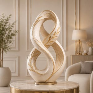 May include: A vertical abstract sculpture featuring a continuous, twisted loop design in cream and gold. The surface displays a textured finish with delicate, embossed gold leaf patterns of foliage winding along the curved, hollow structure.