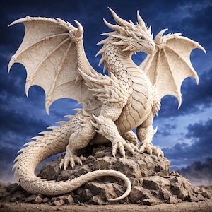 Può includere: Una scultura dettagliata di un drago bianco con grandi ali strutturate, appollaiato su una superficie rocciosa. Il drago ha squame, corna e artigli intricati, su uno sfondo di cielo blu scuro e nuvoloso. La scultura è molto dettagliata.