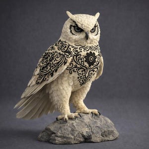 May include: A detailed, off-white owl figurine with intricate black floral patterns on its chest and wings. The owl has piercing blue eyes and stands perched on a gray stone, set against a neutral background. A decorative home accent.