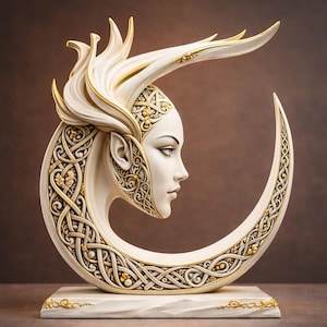 May include: A white and gold sculpture of a woman's face in profile, framed by a crescent moon shape. The sculpture features intricate gold detailing on the hair, face, and moon, with a base. The overall design is elegant and artistic.
