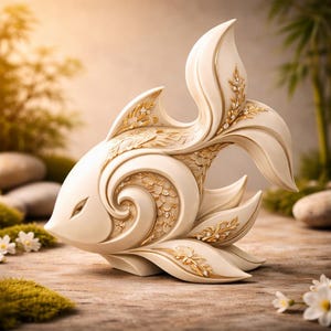 May include: A cream-colored, decorative fish sculpture with intricate gold detailing. The fish features a stylized design with flowing fins and tail, adorned with floral and jewel accents. The sculpture is placed on a wooden surface with moss and small white flowers.
