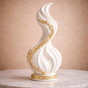 May include: A white decorative sculpture with a swirling, flame-like design. Gold-colored floral accents with small, clear embellishments adorn the sculpture. The base features a gold band with similar embellishments. The sculpture is on a marble surface.
