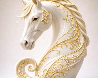 May include: A white horse sculpture with gold filigree and crystal accents. The horse's head is gracefully arched, with detailed mane and tail. The sculpture features intricate gold scrollwork and sparkling crystals, creating an elegant and decorative piece.
