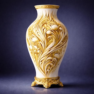 May include: An off-white ceramic vase with intricate floral relief patterns in gold. The vase has a wide body, a narrow neck, and a decorative gold base. The design features stylized flowers and leaves.