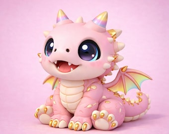 May include: A pink, cartoon-style dragon figurine with large, expressive eyes and a friendly smile. The dragon has gold accents on its horns, claws, and wings, which feature rainbow-colored tips. The background is a soft pink.