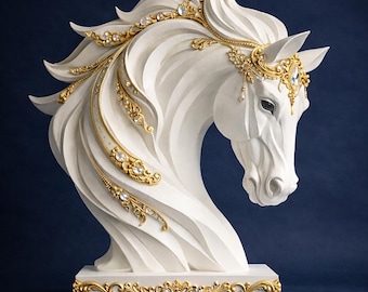 May include: A white horse bust sculpture with flowing mane and intricate gold and crystal embellishments. The sculpture features a decorative base with gold filigree and a dark blue background.