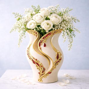 Könnte beinhalten: Eine cremefarbene dekorative Vase mit goldenen und roten Akzenten, die einen Strauß weißer Rosen und kleiner weißer Blumen enthält. Die Vase hat ein einzigartiges, geschwungenes Design mit aufwendigen Details. Verstreute weiße Blütenblätter liegen auf der Oberfläche.