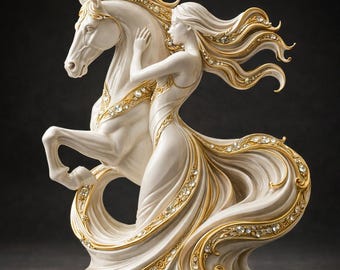 May include: A white and gold figurine of a woman embracing a rearing horse. The woman's flowing gown and the horse's mane are adorned with gold accents and sparkling embellishments. The sculpture has a detailed, elegant design.