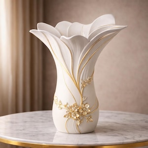 May include: A white ceramic vase with a flared, petal-like rim and a narrow neck. The surface features delicate gold-colored lines that trace the contours of the vase, accented by a cluster of raised, gold-toned floral embellishments on the front.