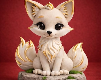 Lyxig söt rävfigur i STL | Vitguldsdekor av fantasidjur | Bedårande Chibi-rävstaty | 3D-utskriftsmodell | Omedelbar nedladdning Pro HD Plus!