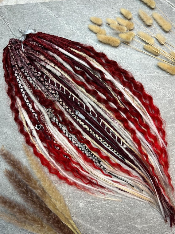 Black Red White Full Dread Dreadlock Wig HANDMADE Handmade Curly Dreadlock Extensions: Black to White Ombre  main image 4