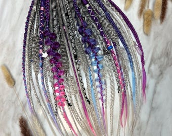Boho Fantasy Dreadlock Extensions, Gray Purple Pink Braids, Synthetic Dreads