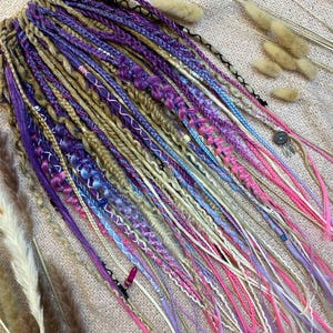 Colorful Dreadlock Extensions | Purple Pink Blue Boho Dreads with Charms | Removable Braids Set | Festival Hair | Handmade