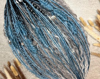 Blue & Silver Synthetic Dreadlock Extensions: Boho Mermaid Hair with Charms