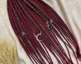 Burgundy Boho Dreads with Moon Charms | Handmade Synthetic Dreadlock Extensions | Witchy, Festival  Gothic Hair