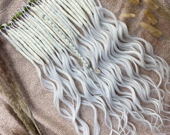 White Boho Dreadlock Extensions: Handmade Viking Braids with Wavy Ends