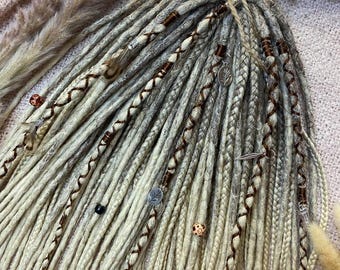 Ash Blonde Brown Dreadlock Set: Boho Braids with Beads & Feathers