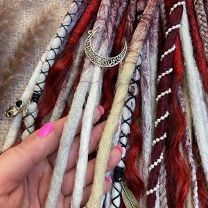 Burgundy - White Dreadlock Set • SE/DE Dreads • Witchy Boho Hair • Synthetic Dreads with Charms, Braids & Waves • Handmade Extensions