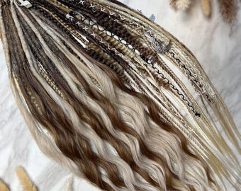 Boho Blonde Brown Mix Dreadlock Extensions, Wavy Ends, Bohemian Hair Braids