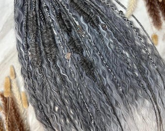 Gray Silver Ombre Dreadlock Extensions, Wavy Ends, Boho Festival Hair, Kanekalon Braids
