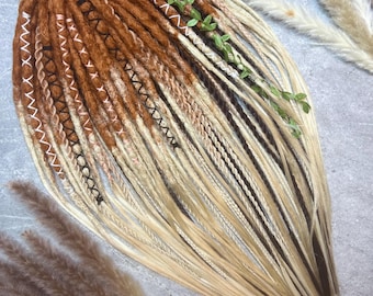 Boho Dreadlock Extensions in Rust Brown  Blonde  Festival Goddess Hair with Braids  Green Leaves