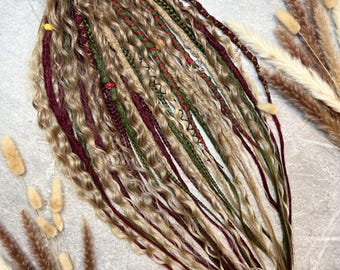 Forest Boho Dreadlock Extensions: Green Burgundy Synthetic Dreads, Festival Braids
