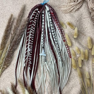 Burgundy  Silver Grey Dreadlock Set | Micro Dreads  Braids with Beads & Wraps | Boho Festival Hair Extensions