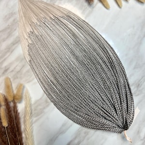 Könnte beinhalten: Ein Bündel aus grau-weißen geflochtenen Haarverlängerungen, das sich von einem zentralen Punkt ausfächert. Die Zöpfe gehen von einer hellen, fast weißen Farbe oben zu einem dunkleren Grau unten über. Das Haar ist ordentlich angeordnet und am Ende gebunden.