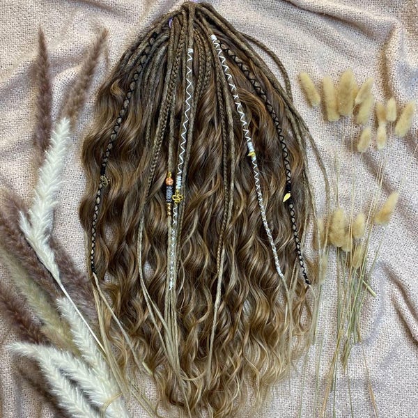 Extensions de dreadlocks brun-blond, dreads bohèmes, dreads ondulées, coiffure de festival, dreadlocks DE SE