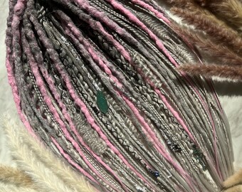 Pink Silver Boho Dreadlock Extensions: Handmade Synthetic Dreads with Charms