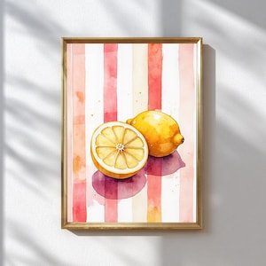 Zitronen Wandbild – Küchen Deko mit Zitrusfrüchten und Streifen | Bunte Früchte Illustration für Sommer Dekor, Esszimmer oder Geschenke