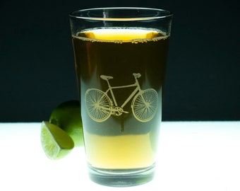 Bicycle Beer Pint Glasses (2)  - hand etched - GREAT GIFT!